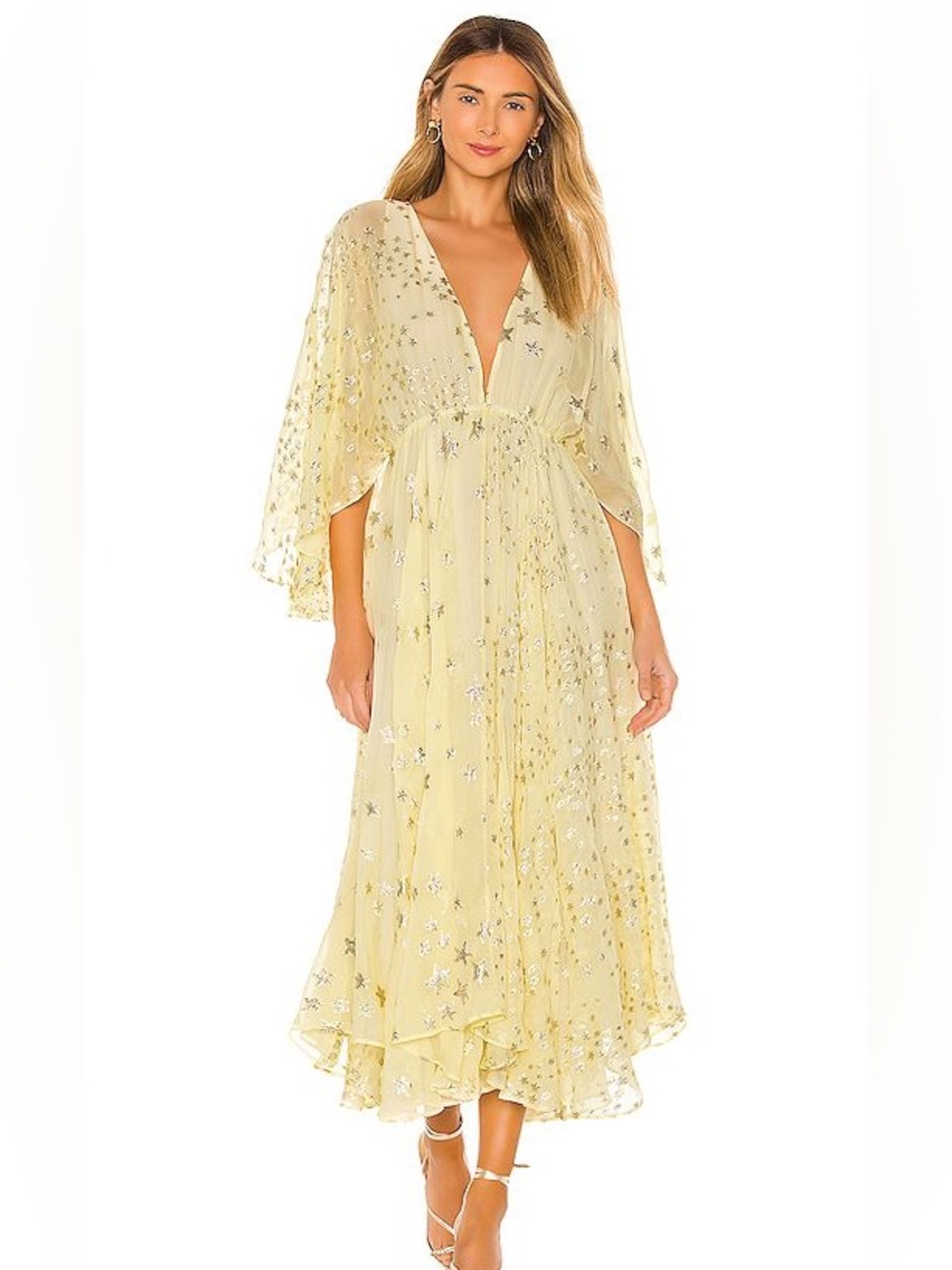 Love shack fancy silk yellow dress with gold star